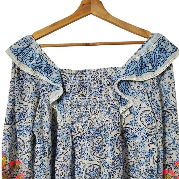 Love The Label Floral Boho Top XS Embroidered Ruffle Smocked Balloon Sleeve - Picture 6 of 10
